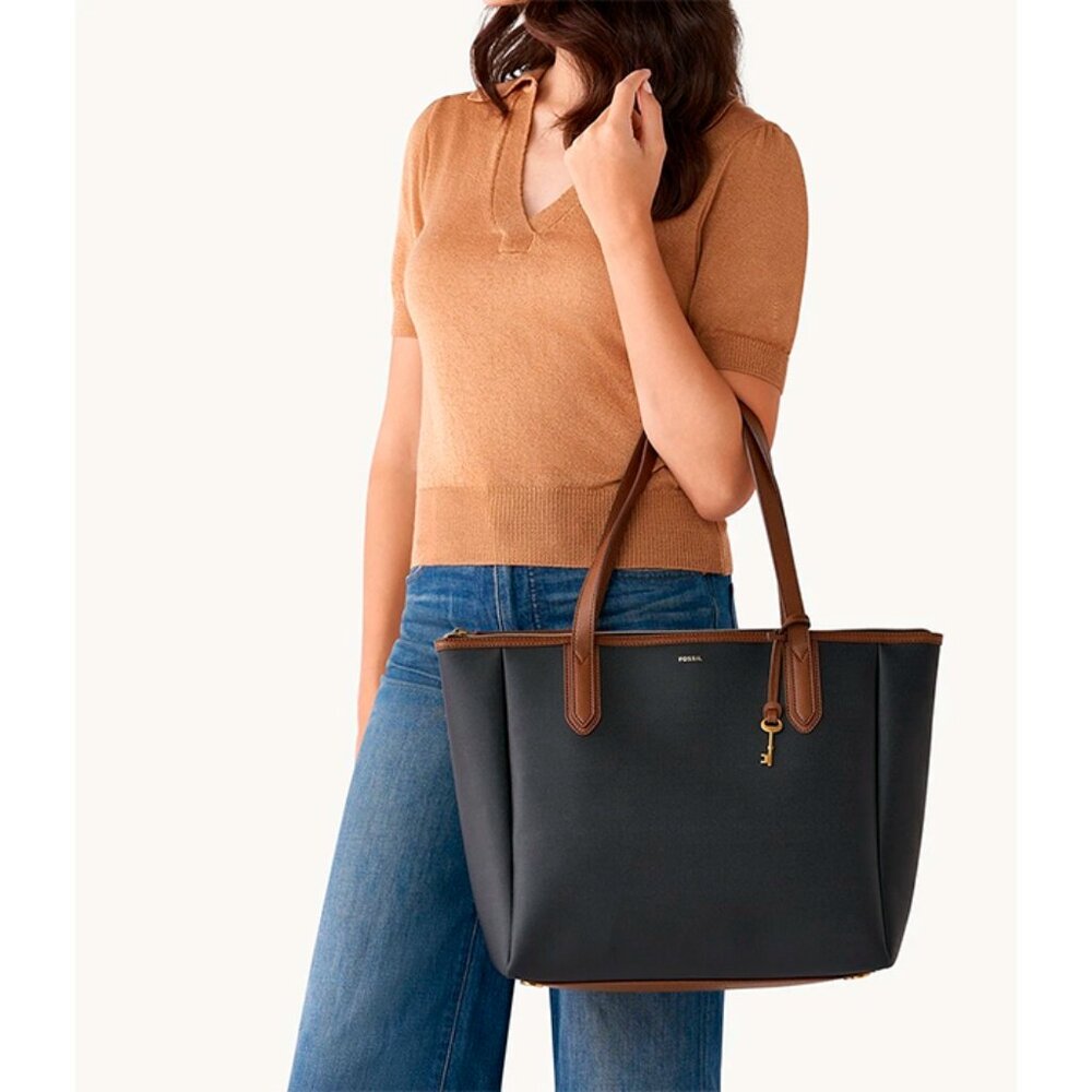 S Fossil Sydney XL Tote Black Handbag SHB2869016 Brass Key Charm NWT $230
